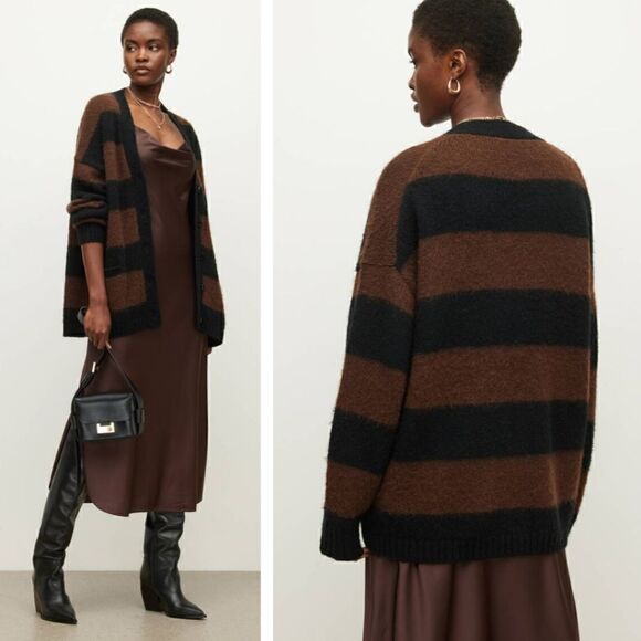 New! AllSaints Lou Stripe Wool Italian Brushed Knit Cardigan Oversized Sweater - Picture 2 of 14